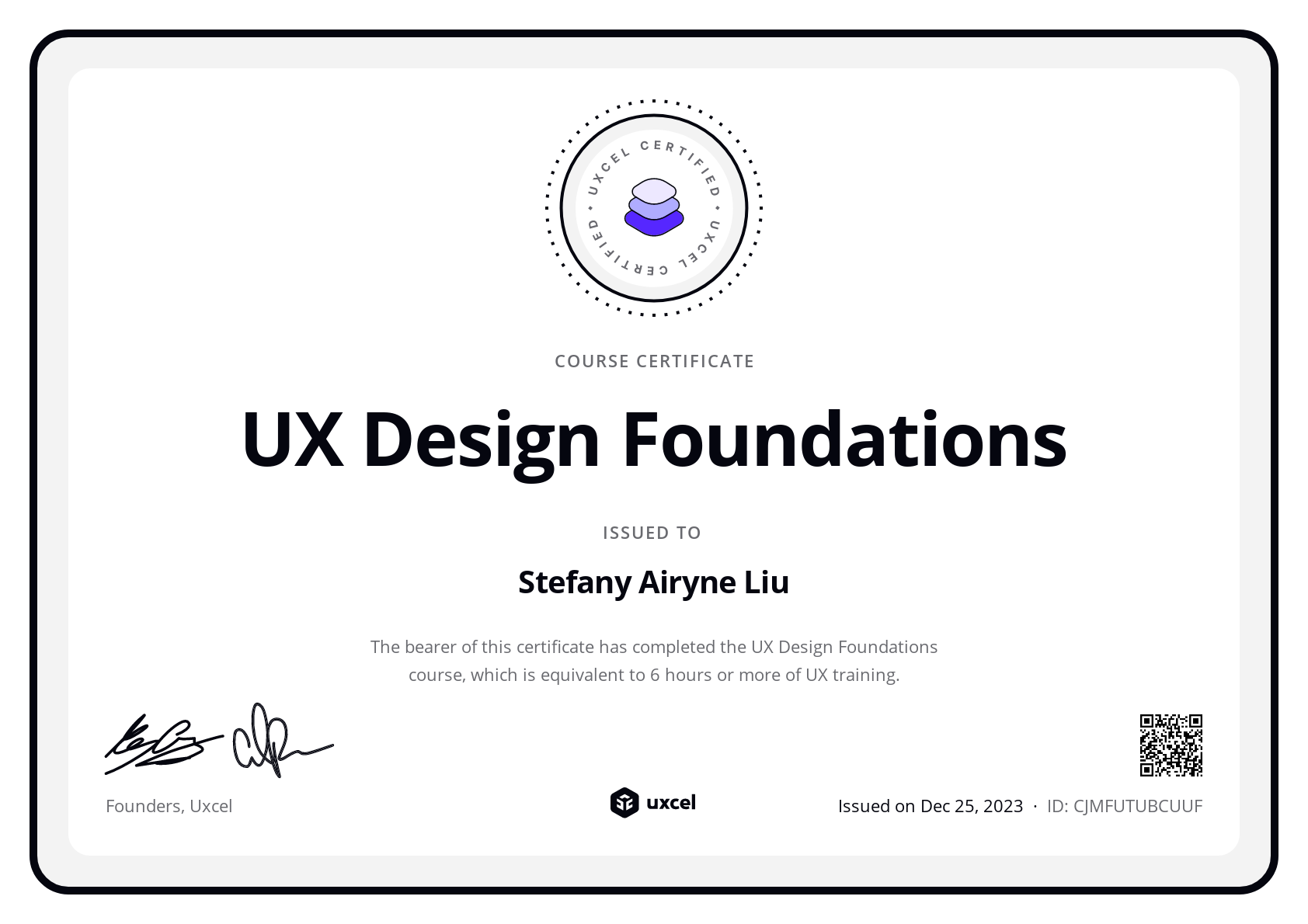 Stefany Airyne Liu's certificate